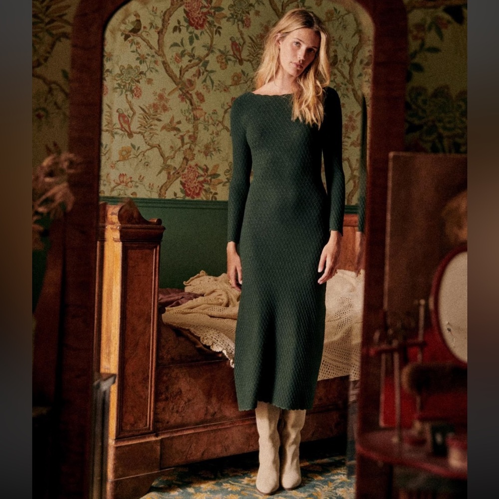 Sezane Thalia Dark Green Textured Midi Dress - NWOT size M - Picture 2 of 8